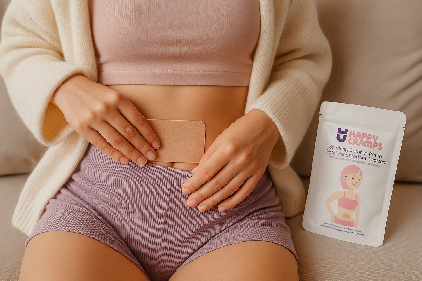 Hands on lower abdomen—where to place cramp relief patch