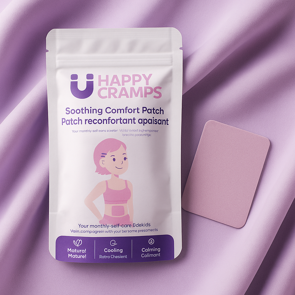 Happy Cramps natural transdermal period cramp relief patch and pouch on lavender background