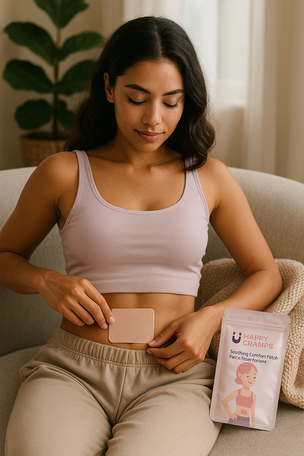 Resting on couch with period discomfort, using a patch