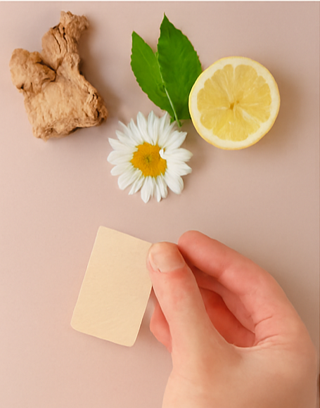Hand holding a Happy Cramps natural period relief patch surrounded by ginger, lemon, and daisy ingredients