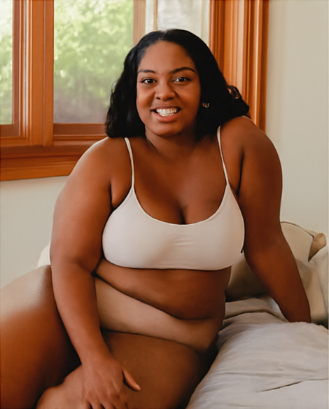 Woman sitting by a window wearing a beige bra, feeling relaxed after using Happy Cramps natural period pain relief patch